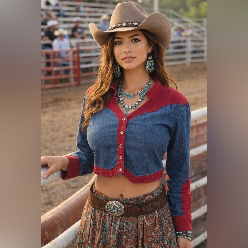 Alamosa Cowgirl vintage denim shirt, cropped size L, 100% Cotton